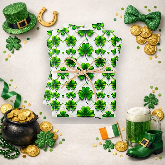 St. Patrick's Day Green Clover Diamond Pattern Inpakpapier Vel