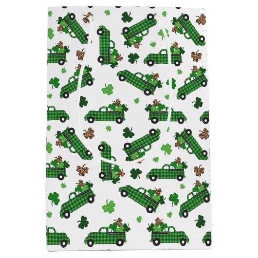 St Patricks Day Green Plaid Truck Klaver Blad Medium Cadeauzakje (Voorkant)