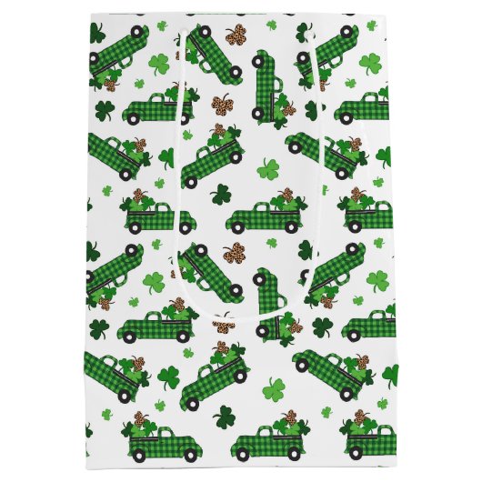 St Patricks Day Green Plaid Truck Klaver Blad Medium Cadeauzakje (Achterkant)