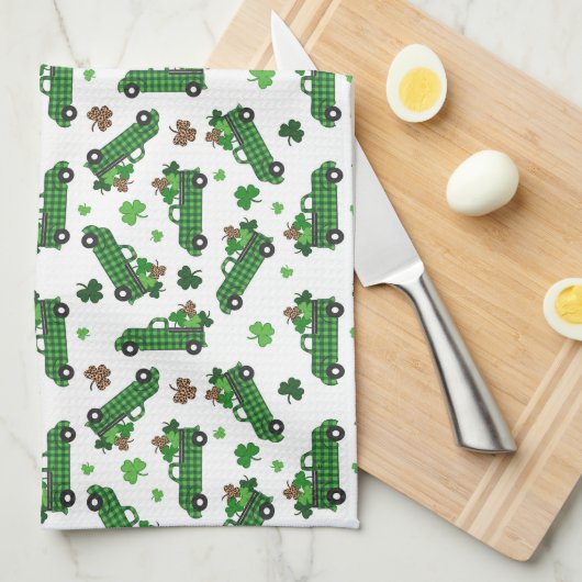 St Patricks Day Green Plaid Truck Klaver Blad Theedoek (Quarter Fold)