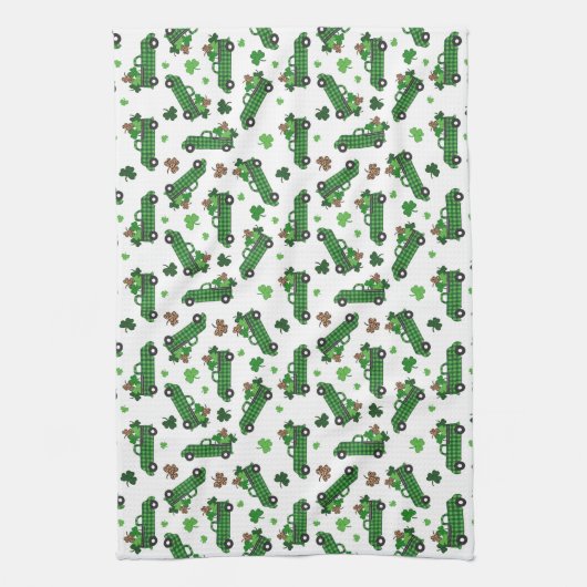 St Patricks Day Green Plaid Truck Klaver Blad Theedoek (Verticaal)