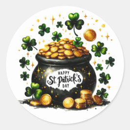 St Patrick's Day Green Shamrocks Pot of Gold Desig Ronde Sticker