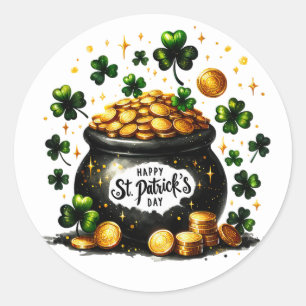 St Patrick's Day Green Shamrocks Pot of Gold Desig Ronde Sticker