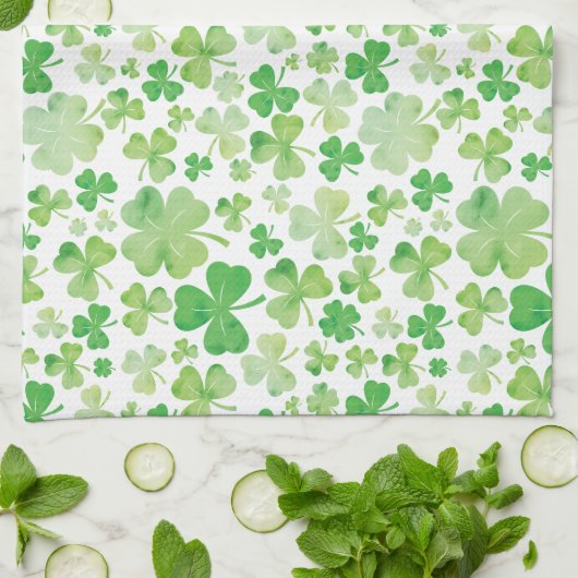 St Patricks Day Green Waterverf Shamrock Pattern Theedoek (Gevouwen)