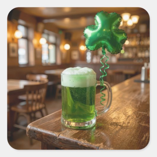 St. Patrick's Day Groene Bier en Ballon Vierkante Sticker (Voorkant)
