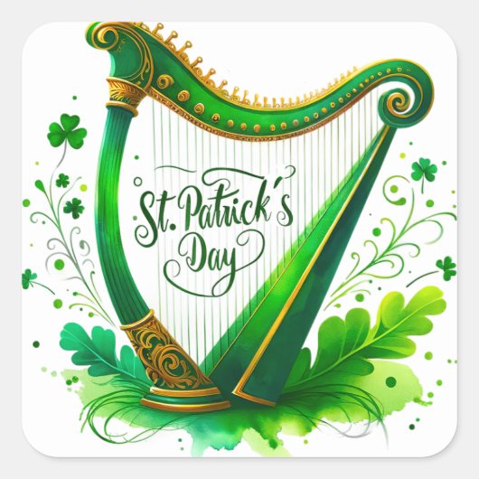 St Patrick's Day Groene Harp Illustratie Vierkante Sticker (Voorkant)