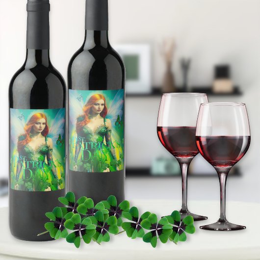 St. Patrick's Day Groene Ierse Fee Driebladige Kla Wijn Etiket