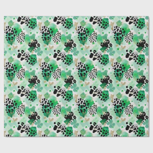 St. Patrick's Day Groene Luipaard & Hart Klaver Cadeaupapier (Vlak)