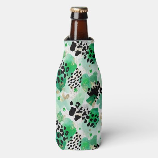 St. Patrick's Day Groene Luipaard & Hart Klaver Flesjeskoeler (Fles Voorkant)