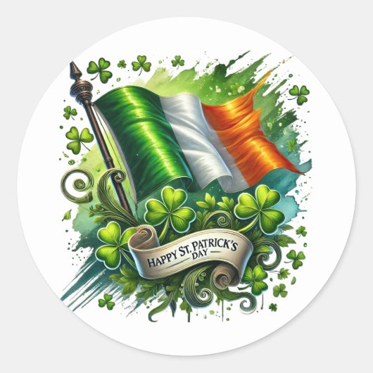St Patrick's Day Groene Vlag Shamrock Illustratie Ronde Sticker (Voorkant)