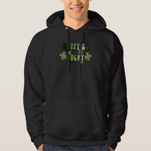 St Patricks Day Happy Go Lucky Shamrock Irish Retr Hoodie (Voorkant)