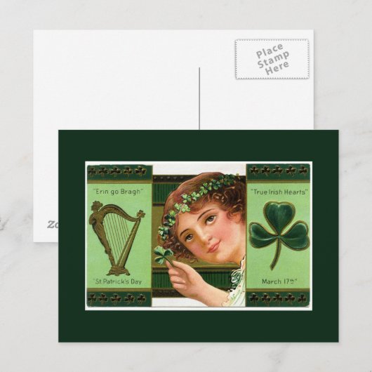 St Patrick's Day Harp Lady Shamrock Briefkaart (Voorkant / Achterkant)