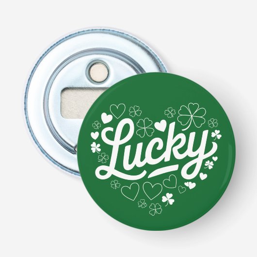St Patrick's Day Hart Lucky Clover Shamrock  Button Flesopener (Voorkant)