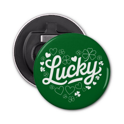 St Patrick's Day Heart Lucky Clover Shamrock Button Flesopener (Voorkant)