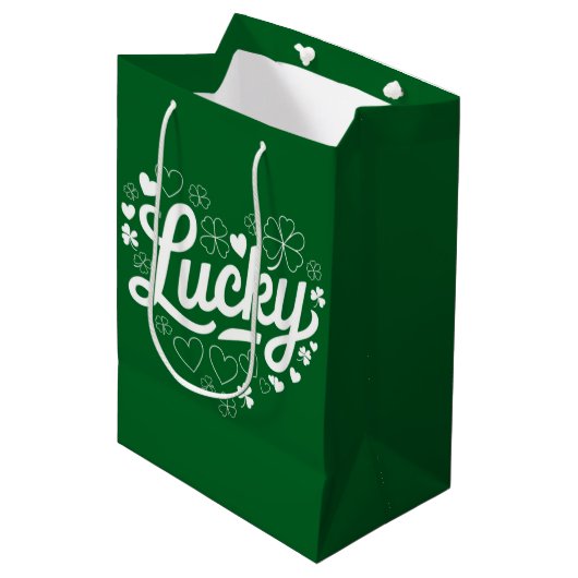 St Patrick's Day Heart Lucky Clover Shamrock Medium Cadeauzakje (Voorkant Gekanteld)