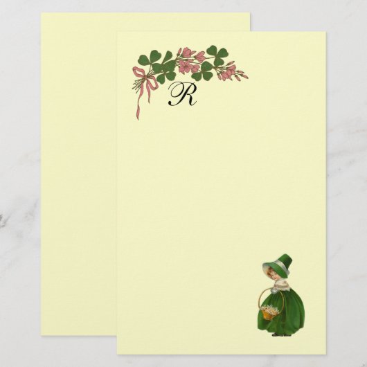 ST. PATRICK'S DAY, IERS MEISJE EN KLAVERTJE MONOGR BRIEFPAPIER (Voorkant / Achterkant)
