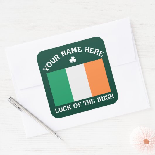St Patrick's Day Ireland Flag Custom Name Shamrock Vierkante Sticker (Envelop)