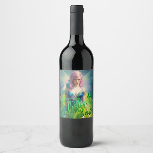 St Patrick's Day Irish Fairy with Clover detail Wijn Etiket (Voorkant)