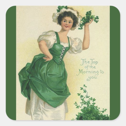 St. Patrick's Day Irish Lass met Klavers Vierkante Sticker (Voorkant)