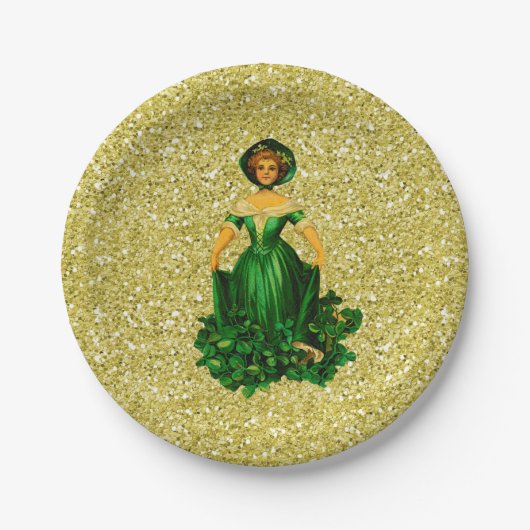 St Patricks Day Lady Green Gown Gold Faux Glitter Papieren Bordje (Voorkant)