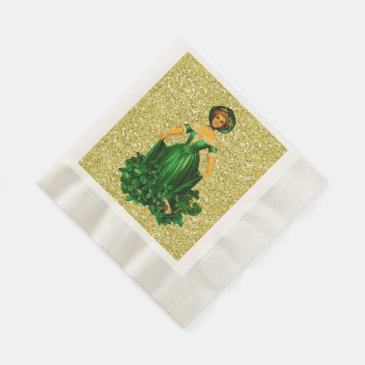 St Patricks Day Lady Green Gown Gold Faux Glitter Servet (Hoek)
