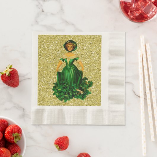 St Patricks Day Lady Green Gown Gold Faux Glitter Servet (Insitu)