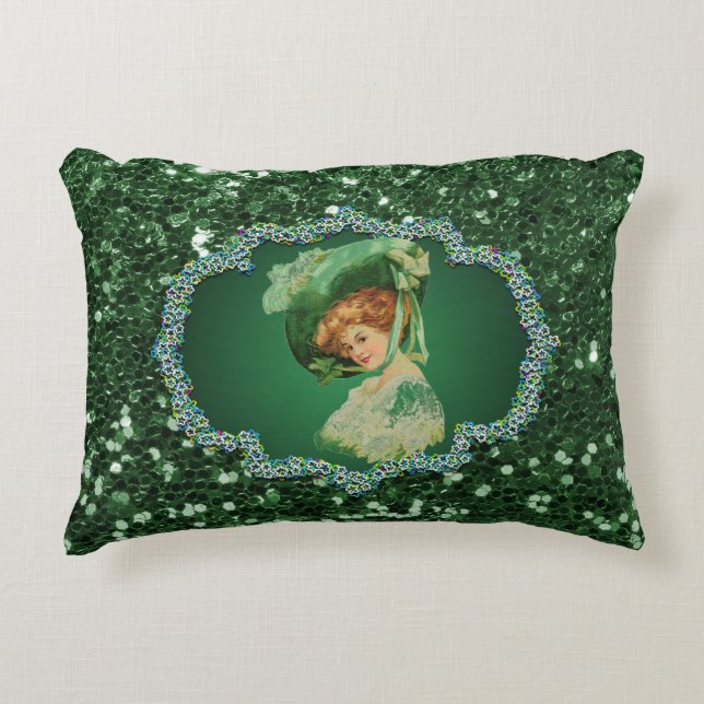 St Patricks Day Lady Green Lijst Faux Glitter Accent Kussen (Voorkant)