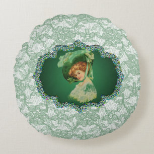 St. Patrick's Day Lady met Pet Green Lijst & Lace Rond Kussen