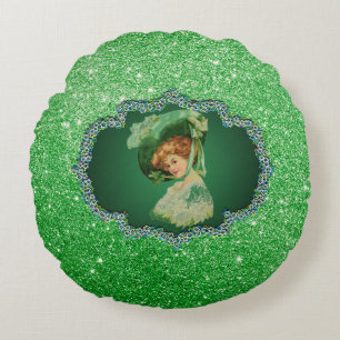 St Patricks Day Lady met Pet GreenFrame FauxGlitte Rond Kussen