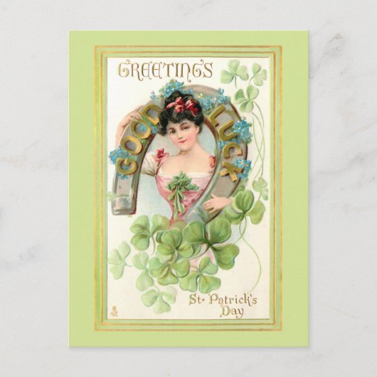  St. Patrick's Day Lassie met Hoefijzer Briefkaart (Voorkant)