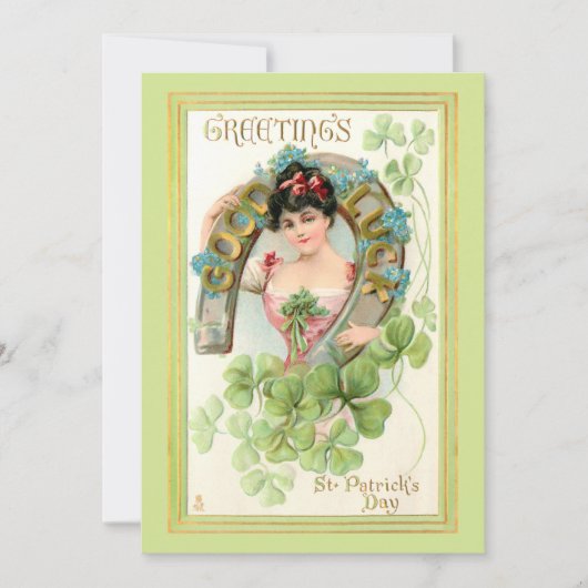 St. Patrick's Day Lassie met Hoefijzer Feestdagenkaart (Voorkant)