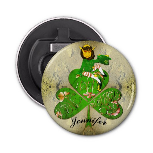 St. Patrick's Day Leprechaun Button Flesopener (Voorkant)