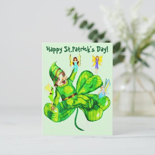 ST. PATRICK'S DAY LEPRECHAUN EN FARIES BRIEFKAART (Staand voorkant)