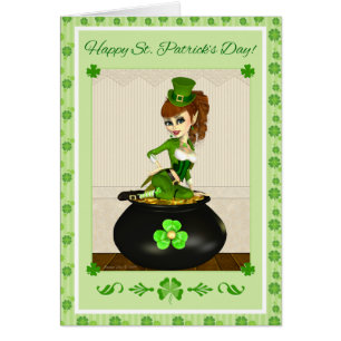 St. Patrick's Day Leprechaun Girl Pot of Gold Card