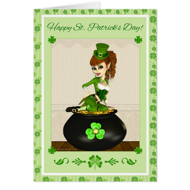 St. Patrick's Day Leprechaun Girl Pot of Gold Card (Voorkant)