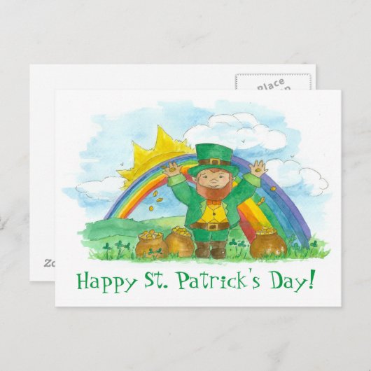 St. Patrick's Day Leprechaun regenboogpot van goud Briefkaart (Voorkant / Achterkant)