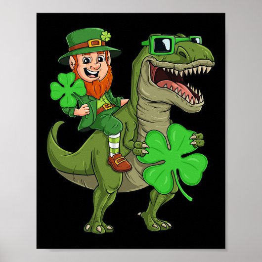 St Patricks Day Leprechaun Riding T Rex Fun Dino B Poster (Voorkant)