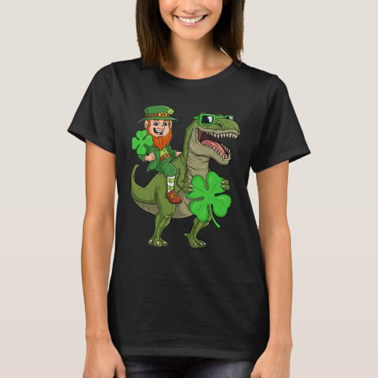 St Patricks Day Leprechaun Riding T Rex Fun Dino B T-shirt (Voorkant)