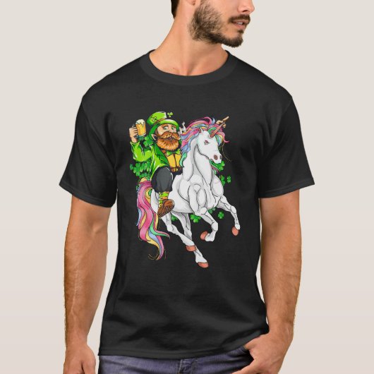 St Patricks Day Leprechaun Riding Unicorn Funny Le T-shirt (Voorkant)