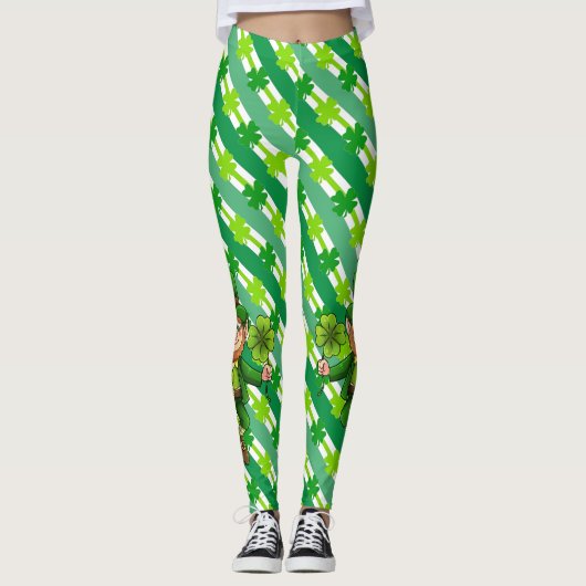 St. Patrick's Day Leprechaun Shamrock Green White Leggings (Voorkant)