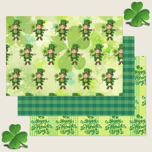 St. Patrick's Day Leprechaun Shamrocks Green Plaid Inpakpapier Vel