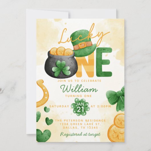 St Patricks Day Lucky ONE 1e verjaardag Uitnodigin Kaart (Voorkant)