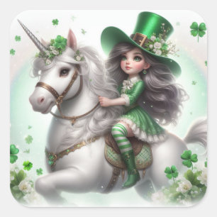 St. Patrick's Day Meisje en Eenhoorn Vierkante Sticker
