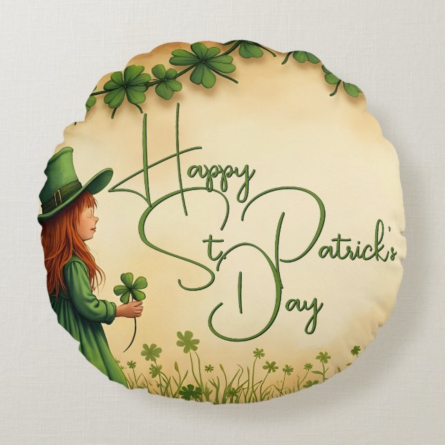 St. Patrick's Day-meisje met klavertjes Rond Kussen (Voorkant)