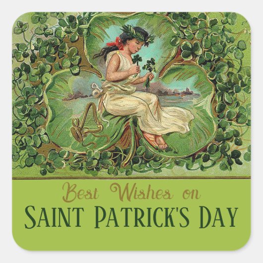 St. Patrick's Day Meisje met Shamrocks Vierkante Sticker (Voorkant)