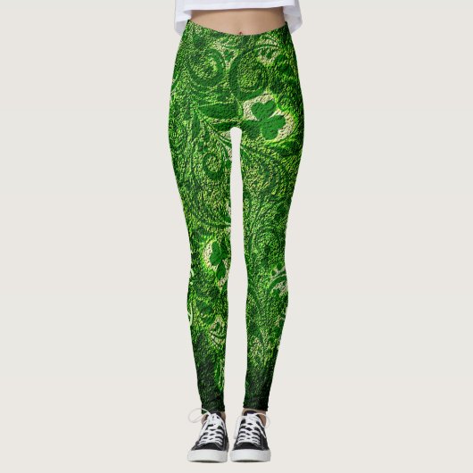 St Patrick's Day Modern Green Shamrocks Pattern Leggings (Voorkant)
