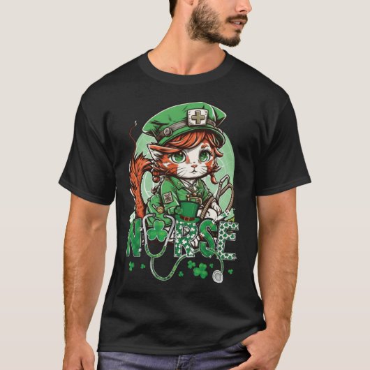 St Patricks Day Nurse Cat Leprechaun Lucky Green P T-shirt (Voorkant)
