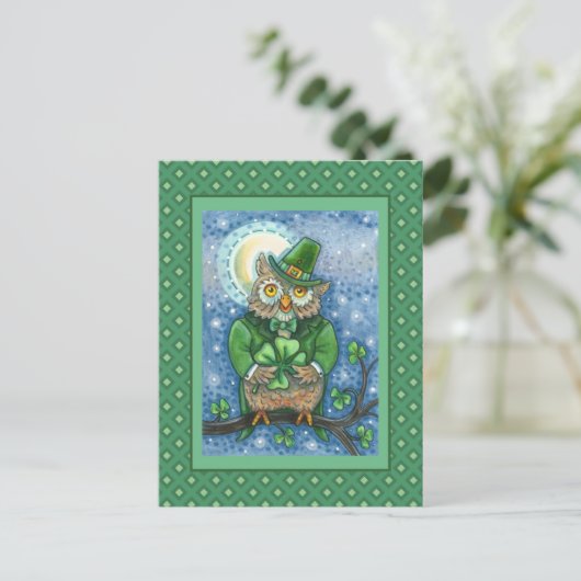 ST. PATRICK'S DAY OWL, 4 LEAF CLOVER LEPRECHAUN BRIEFKAART (Staand voorkant)