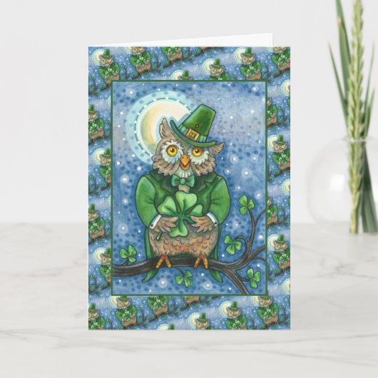ST. PATRICK'S DAY OWL, 4 LEAF CLOVER LEPRECHAUN FEESTDAGEN KAART (Voorkant)