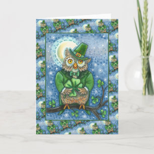 ST. PATRICK'S DAY OWL, 4 LEAF CLOVER LEPRECHAUN FEESTDAGEN KAART